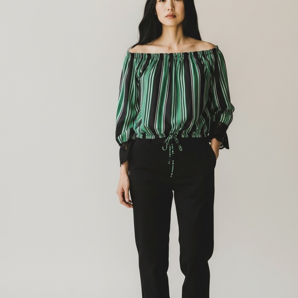 Green Striped Off-Shoulder Blouse
